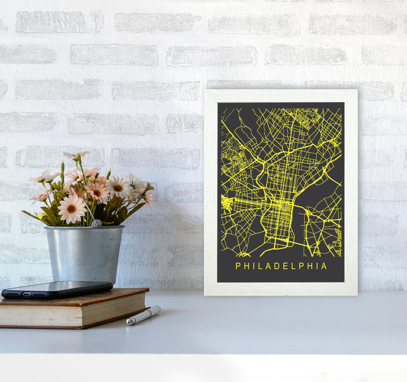Philadelphia Map Neon Art Print by Pixy Paper A4 Oak Frame