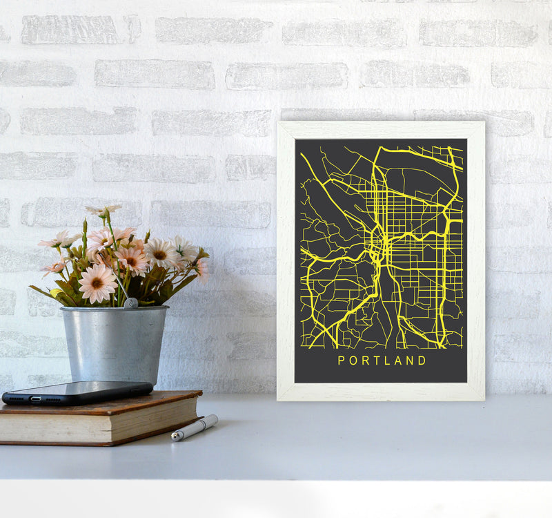 Portland Map Neon Art Print by Pixy Paper A4 Oak Frame