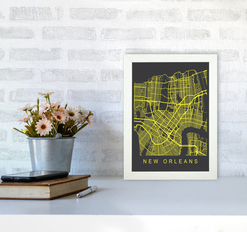 New Orleans Map Neon Art Print by Pixy Paper A4 Oak Frame
