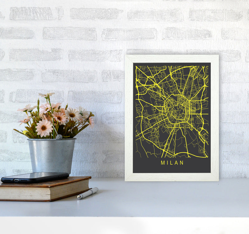 Milan Map Neon Art Print by Pixy Paper A4 Oak Frame
