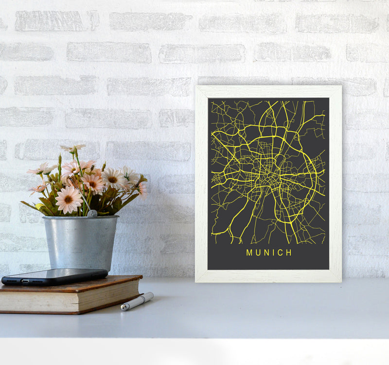 Munich Map Neon Art Print by Pixy Paper A4 Oak Frame