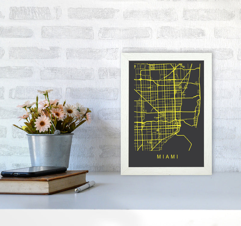 Miami Map Neon Art Print by Pixy Paper A4 Oak Frame