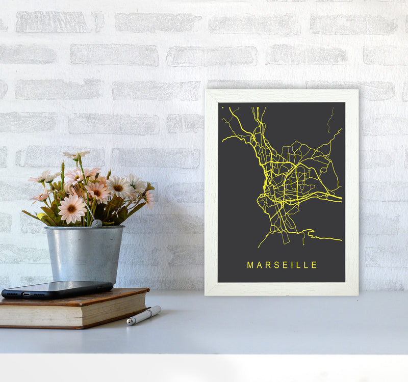 Marseille Map Neon Art Print by Pixy Paper A4 Oak Frame