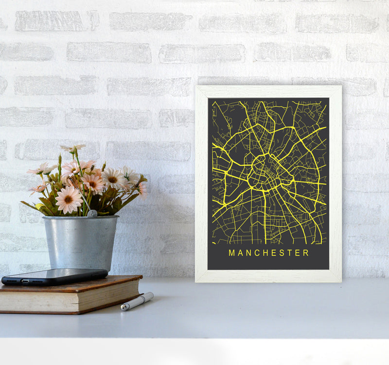 Manchester Map Neon Art Print by Pixy Paper A4 Oak Frame
