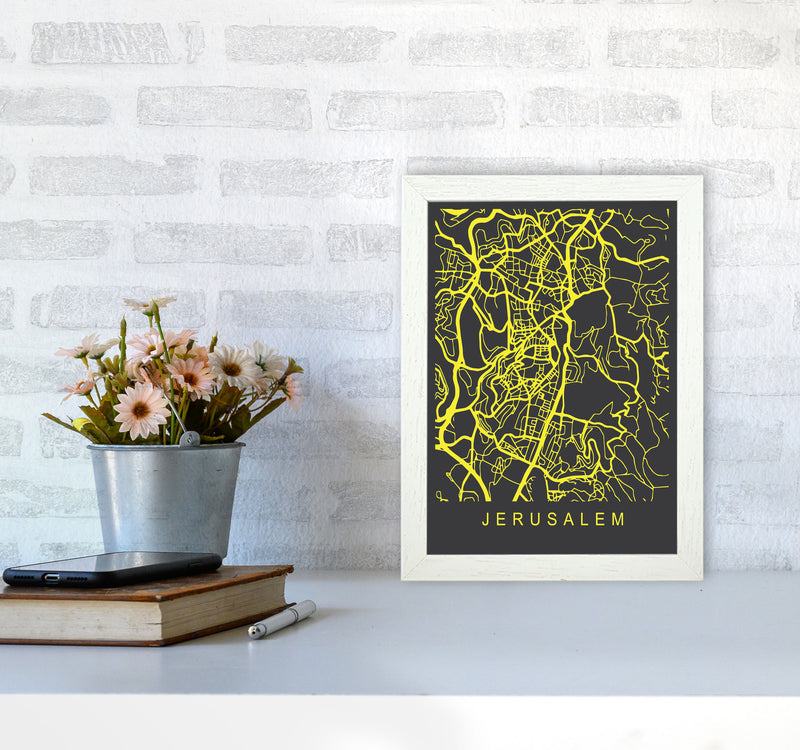 Jerusalem Map Neon Art Print by Pixy Paper A4 Oak Frame