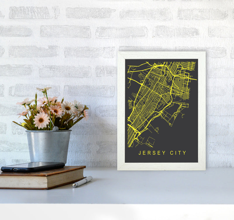 Jersey Map Neon Art Print by Pixy Paper A4 Oak Frame