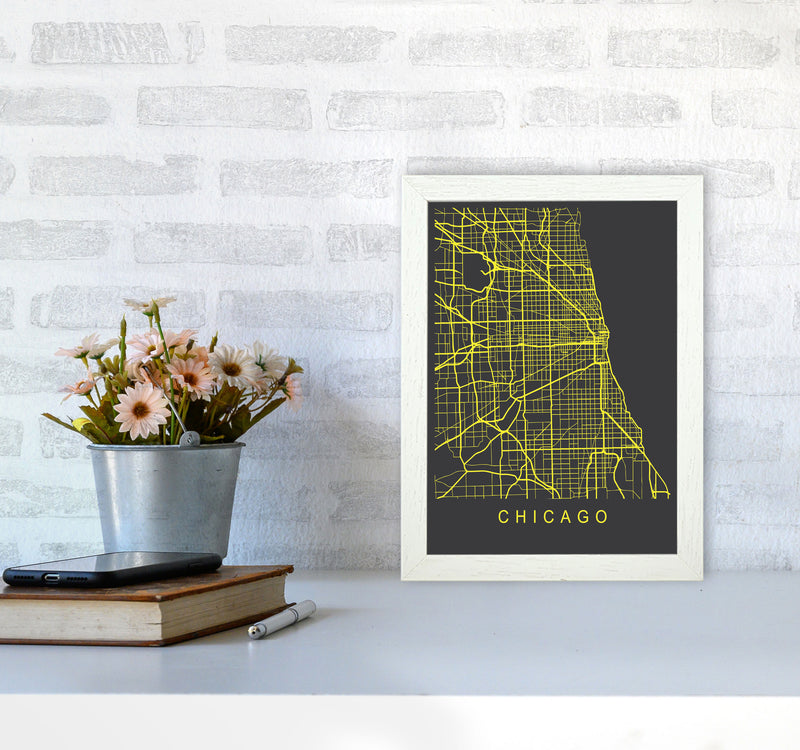 Chicago Map Neon Art Print by Pixy Paper A4 Oak Frame