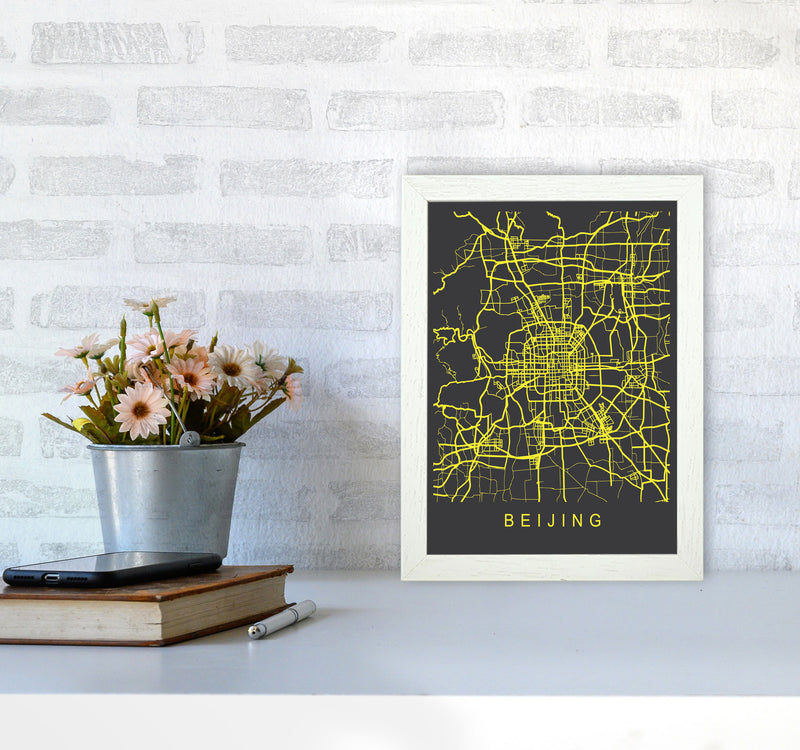 Beijing Map Neon Art Print by Pixy Paper A4 Oak Frame