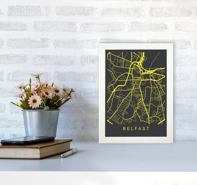 Belfast Map Neon Art Print by Pixy Paper A4 Oak Frame