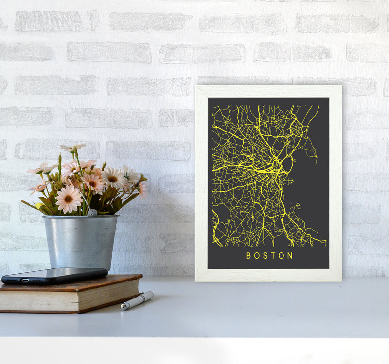 Boston Map Neon Art Print by Pixy Paper A4 Oak Frame