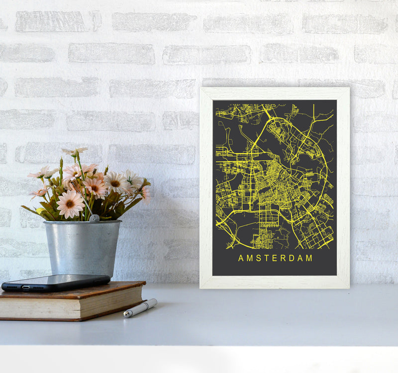 Amsterdam Map Neon Art Print by Pixy Paper A4 Oak Frame