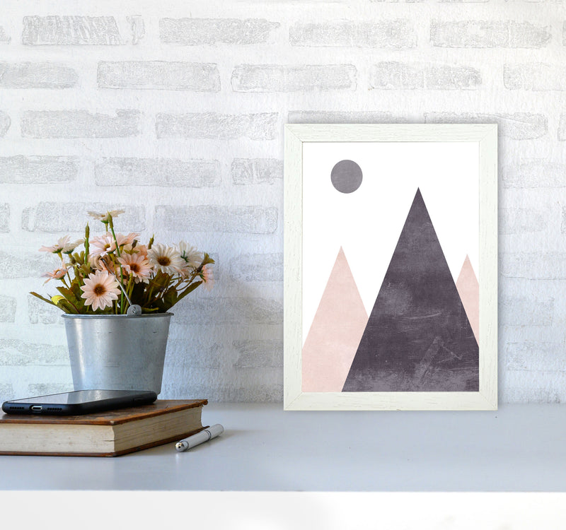 Mountains and moon pink cotton Art Print by Pixy Paper A4 Oak Frame