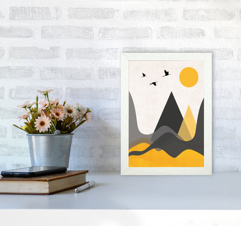 Hills and mountains mustard Art Print by Pixy Paper A4 Oak Frame