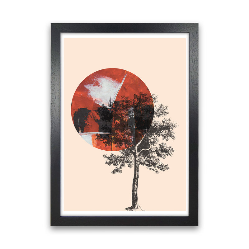 Red Sun And Tree Abstract Modern Print Black Grain