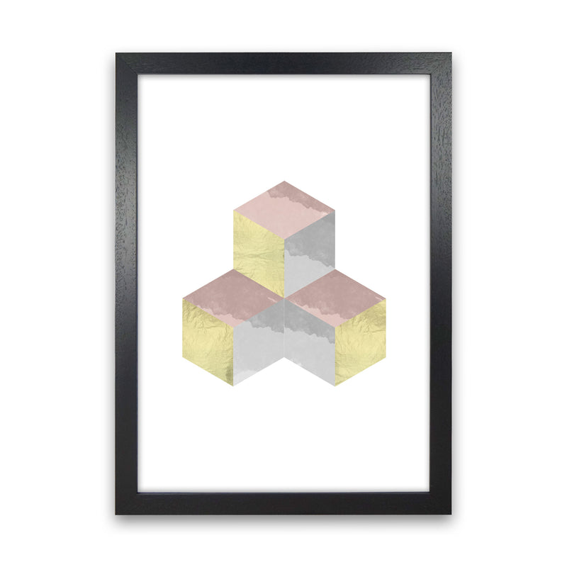 Gold, Pink And Grey Abstract Cubes Modern Print Black Grain