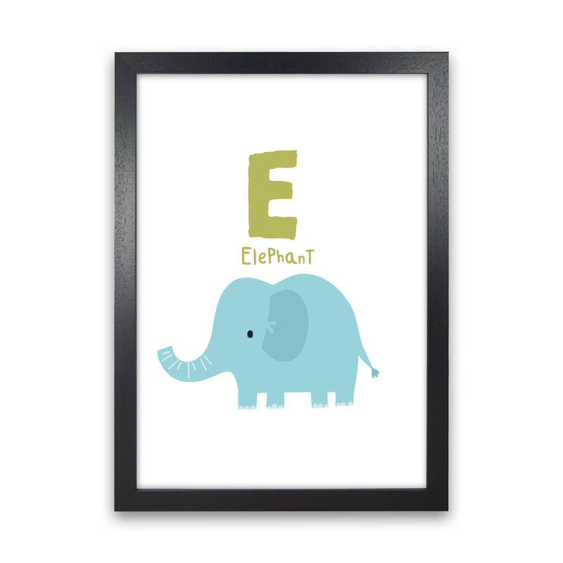 Alphabet Animals, E Is For Elephant Framed Nursey Wall Art Print Black Grain