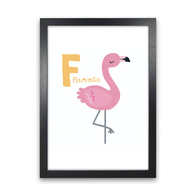 Alphabet Animals, F Is For Flamingo Framed Nursey Wall Art Print Black Grain