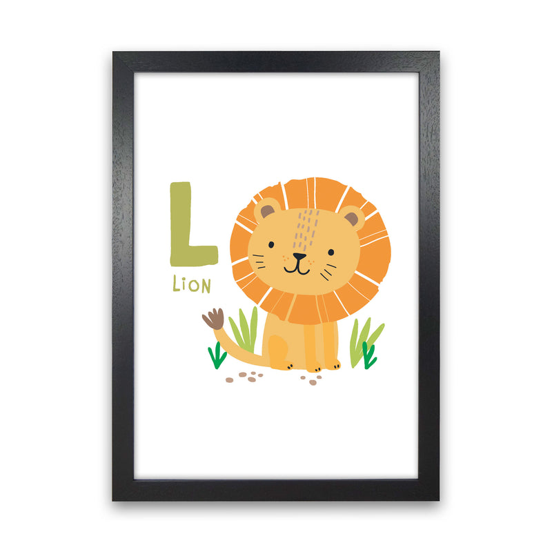 Alphabet Animals, L Is For Lion Framed Nursey Wall Art Print Black Grain