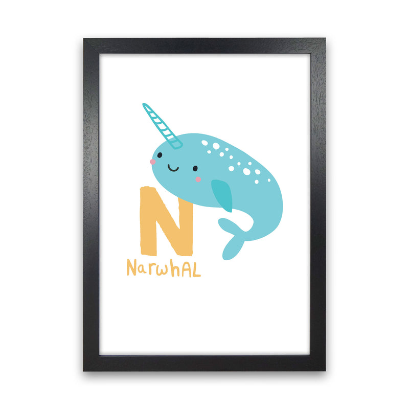 Alphabet Animals, N Is For Narwhal Framed Nursey Wall Art Print Black Grain
