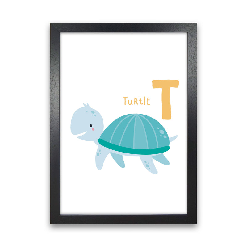 Alphabet Animals, T Is For Turtle Framed Nursey Wall Art Print Black Grain