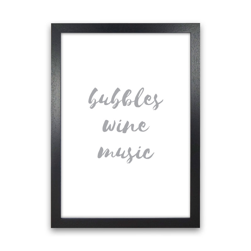 Bubbles Wine Music Grey, Bathroom Framed Typography Wall Art Print Black Grain