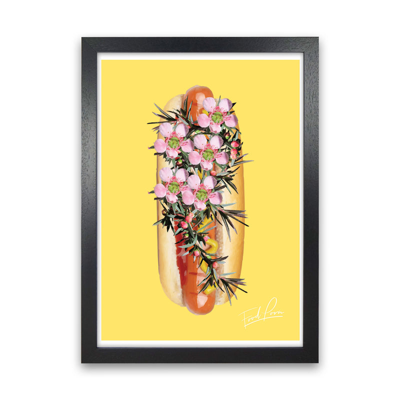 Yellow Hot Dog Food Print, Framed Kitchen Wall Art Black Grain