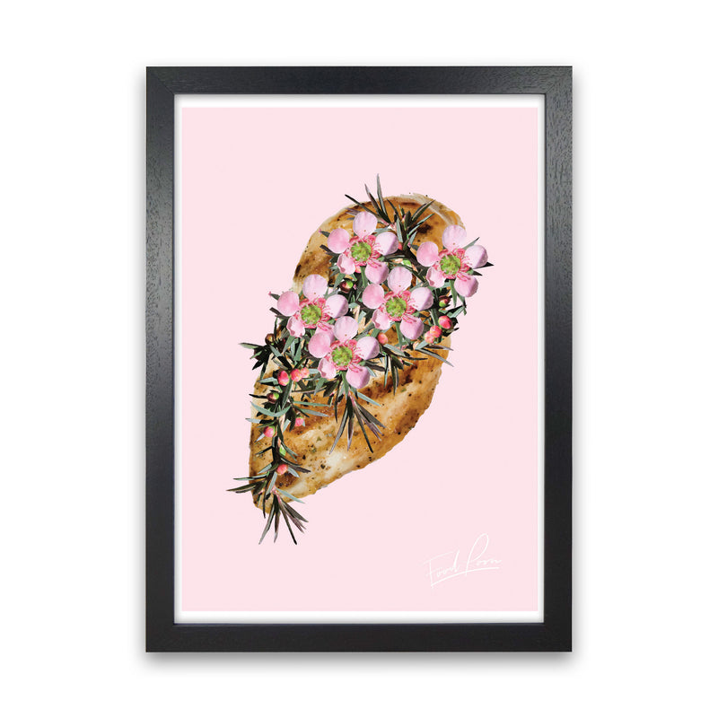 Pink Chicken Floral Food Print, Framed Kitchen Wall Art Black Grain