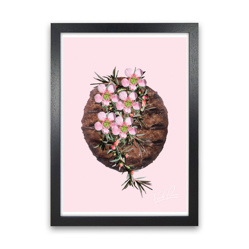 Pink Burger Floral Food Print, Framed Kitchen Wall Art Black Grain