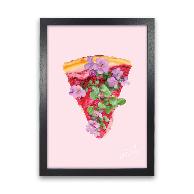 Pink Cherry Pie Floral Food Print, Framed Kitchen Wall Art Black Grain