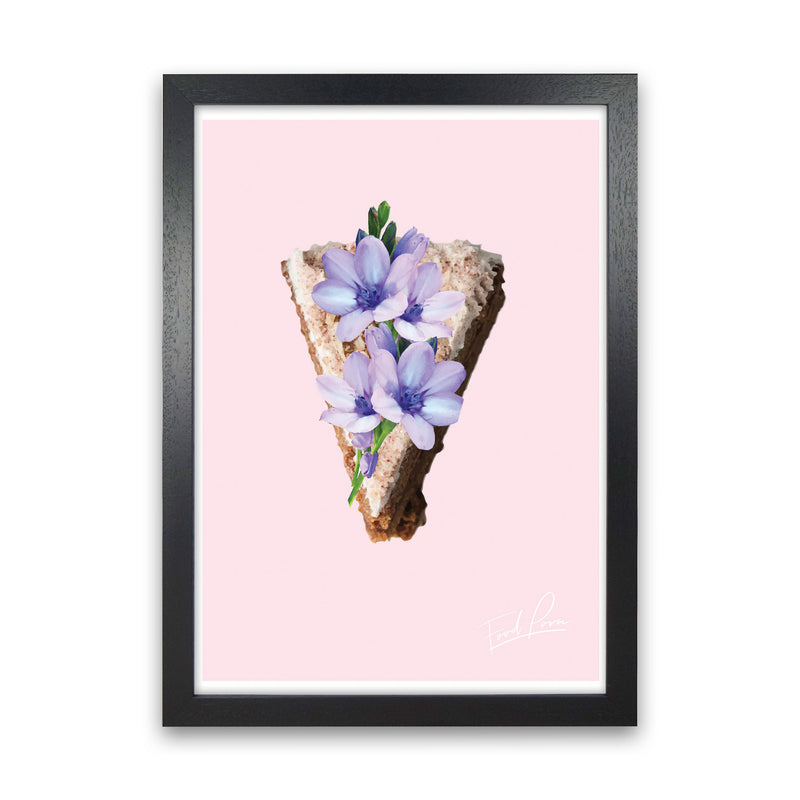 Pink Coffee Cake Floral Food Print, Framed Kitchen Wall Art Black Grain