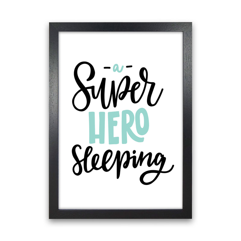 Superhero Sleeping Mint And Black Framed Nursey Wall Art Print Black Grain
