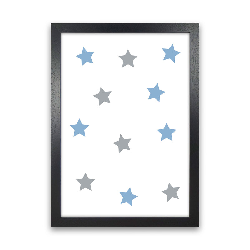 Blue And Grey Stars Framed Nursey Wall Art Print Black Grain