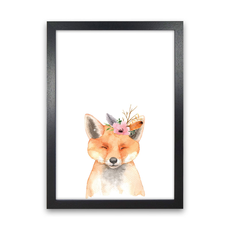 Forest Friends, Floral Cute Fox Modern Print Animal Art Print Black Grain