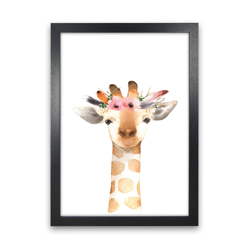 Forest Friends, Floral Cute Giraffe Modern Print Animal Art Print Black Grain