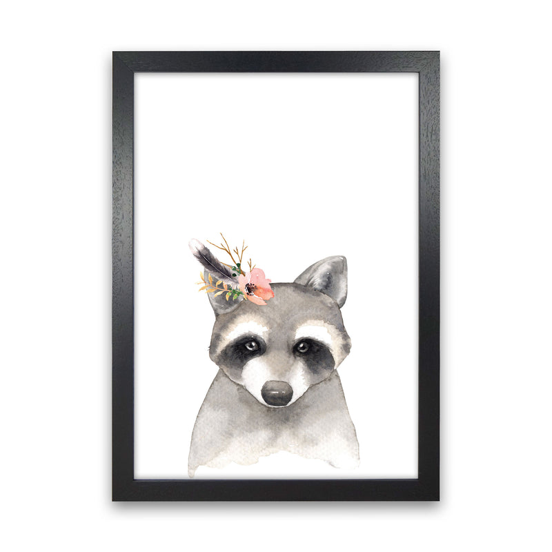 Forest Friends, Floral Cute Raccoon Modern Print Animal Art Print Black Grain