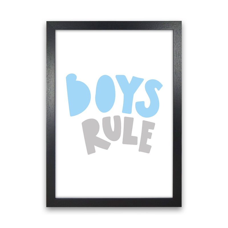 Boys Rule Grey And Light Blue Framed Typography Wall Art Print Black Grain