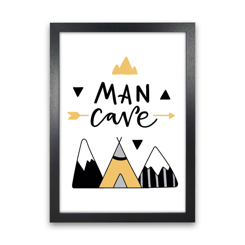 Man Cave Mountains Mustard And Black Framed Typography Wall Art Print Black Grain
