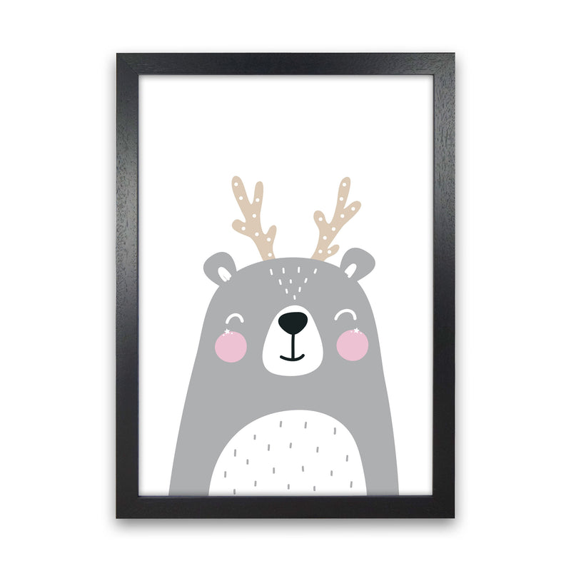 Grey Bear With Antlers Modern Print Animal Art Print Black Grain