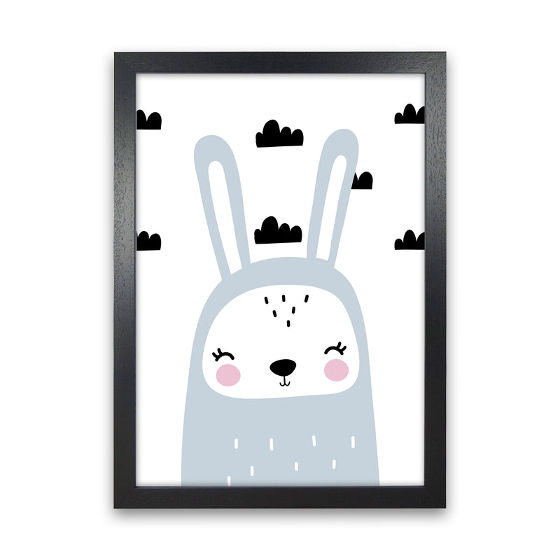 Blue Scandi Bunny With Clouds Modern Print Animal Art Print Black Grain