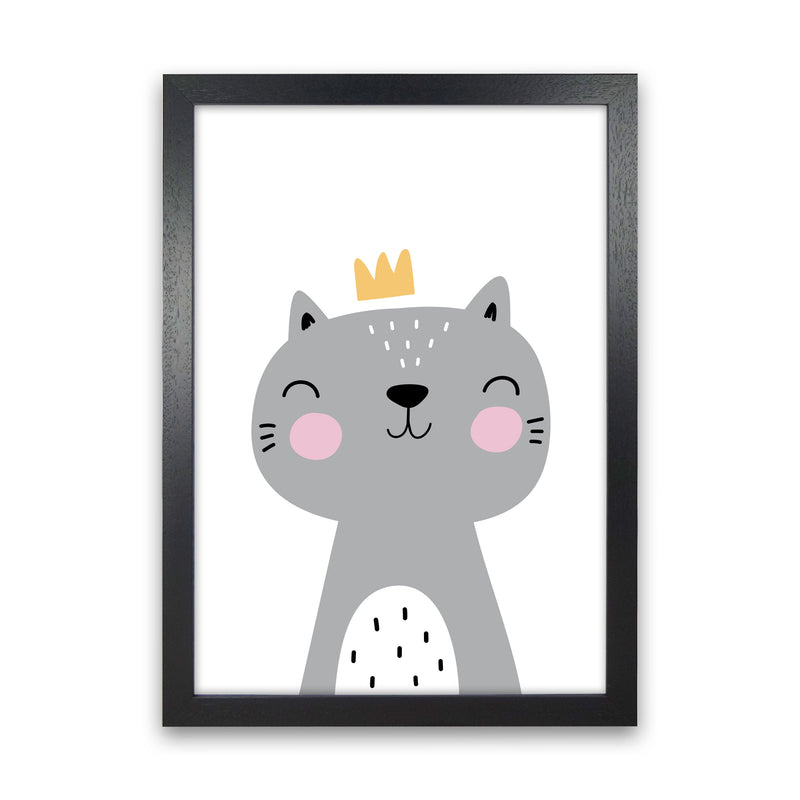 Grey Scandi Cat With Crown Modern Print Animal Art Print Black Grain