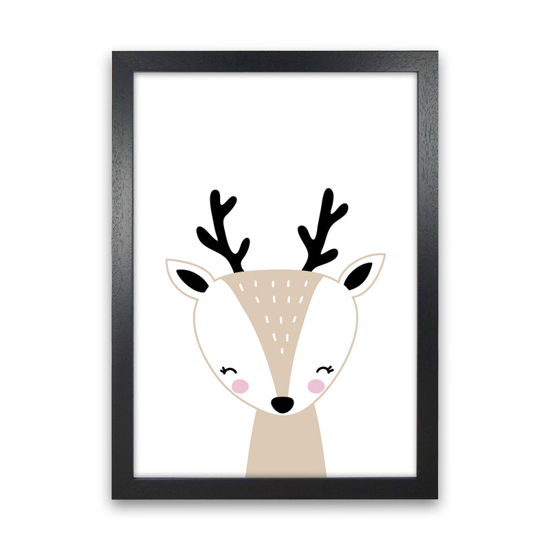 Scandi Beige Deer Framed Nursey Wall Art Print Black Grain