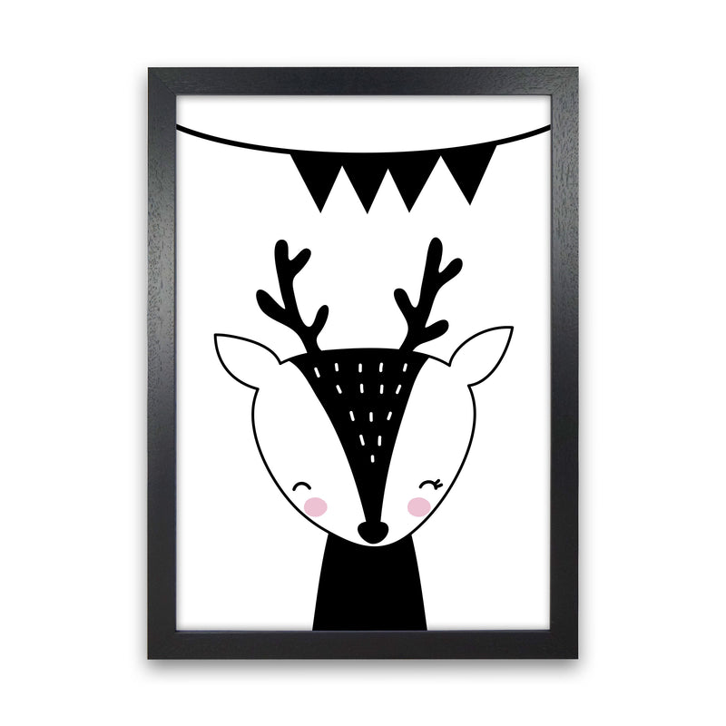 Scandi Black Deer With Banner Framed Nursey Wall Art Print Black Grain