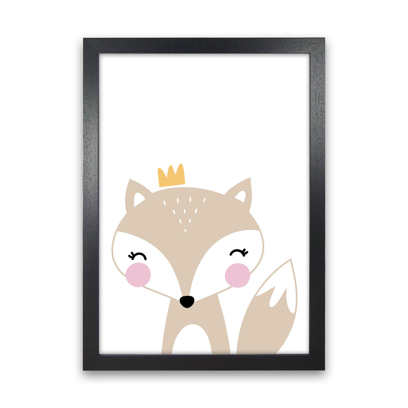 Scandi Beige Fox With Crown Framed Nursey Wall Art Print Black Grain