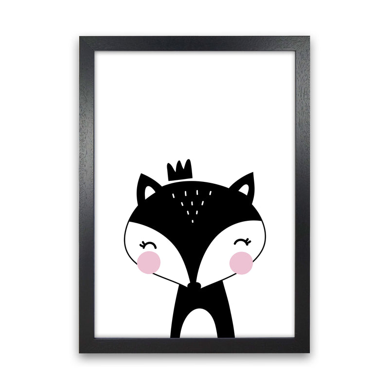 Scandi Black Fox With Crown Framed Nursey Wall Art Print Black Grain