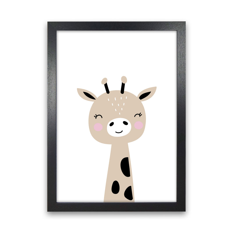 Scandi Brown Giraffe Framed Nursey Wall Art Print Black Grain