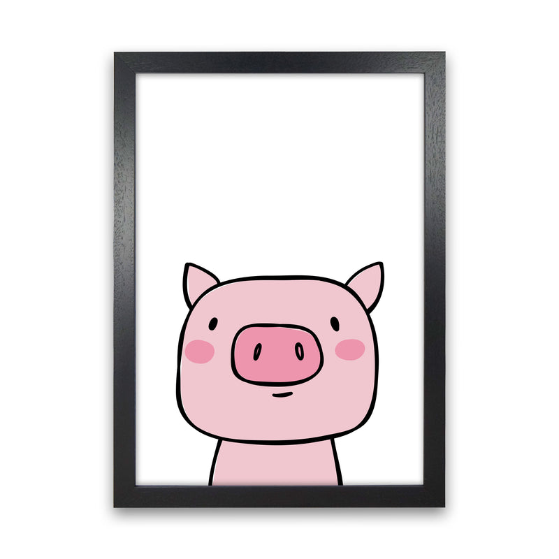Scandi Pink Pig Framed Nursey Wall Art Print Black Grain