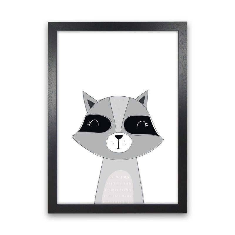 Scandi Raccoon Framed Nursey Wall Art Print Black Grain