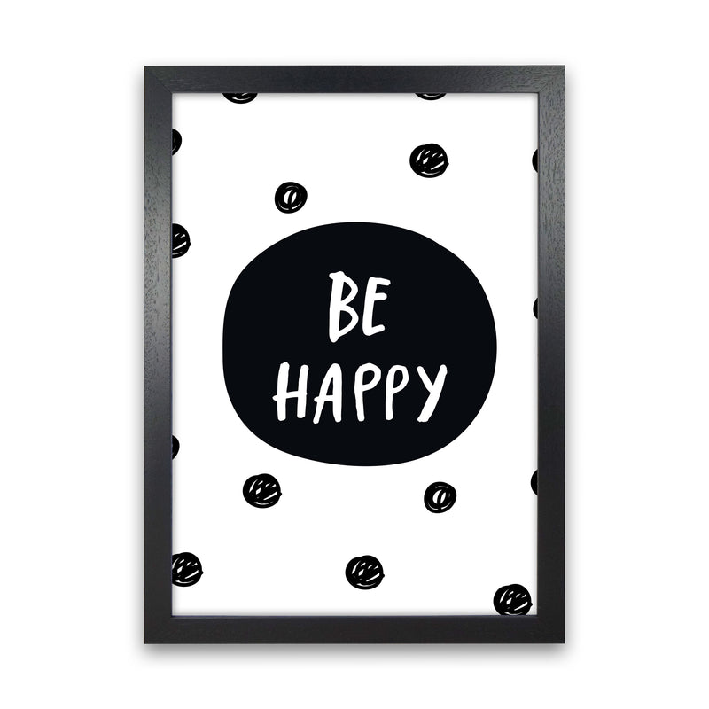Be Happy Polka Dot Framed Typography Wall Art Print Black Grain