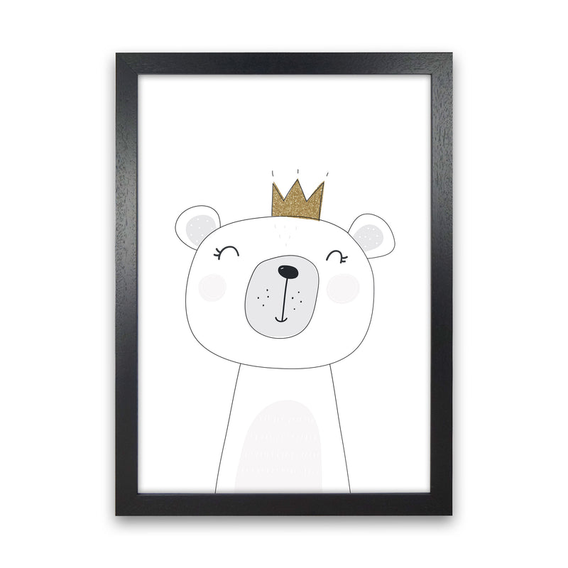 Scandi Cute Bear With Crown Framed Nursey Wall Art Print Black Grain
