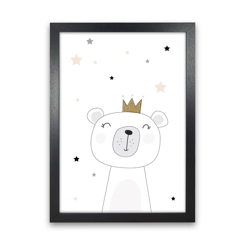Scandi Cute Bear With Crown And Stars Print, Framed Childrens Wall Art Black Grain
